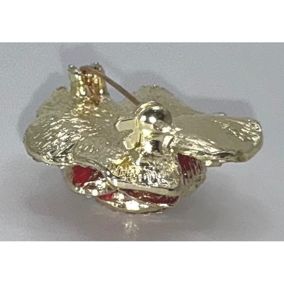 Red Rose Enamel Rhinestone Brooch Pin Gold-Tone 1.25" Floral Statement - Picture 4 of 4